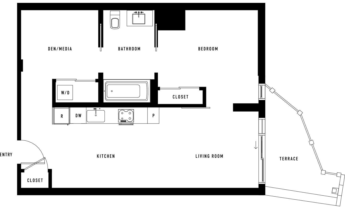 Floor plan layout diagram for 1M Den w Terrace